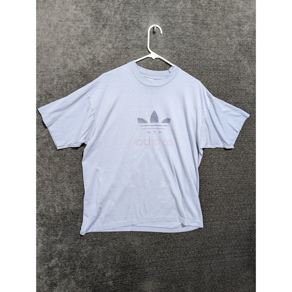 Vintage Adidas Trefoil T Shirt XL Light Blue Single Stitch Fruit of the Loom 90s